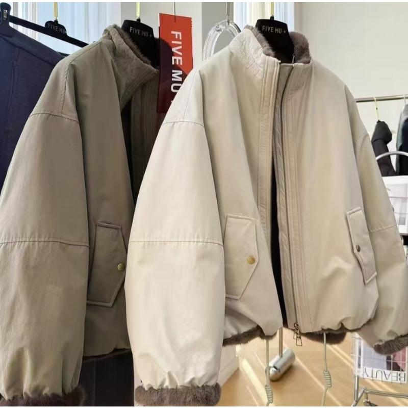 New sense stand-up collar short tooling jacket women's winter hairy liner imitation fur pie overcome jacket