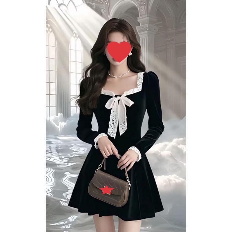 

French Velvet Square Neck Bow Dress - Slimming A-Line, Long Sleeve, Autumn/Winter, Age-Reducing Medium чёрный