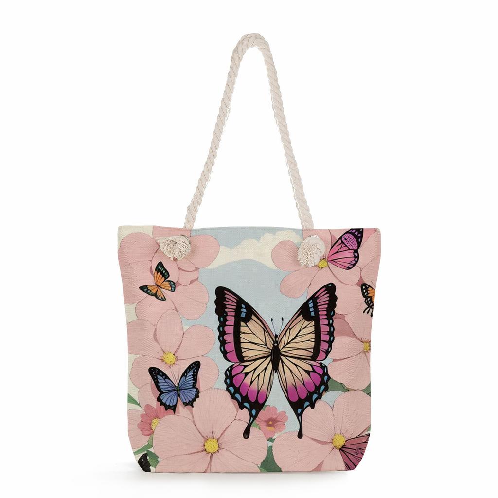Butterfly print thick rope single-shoulder beach bag 7320
