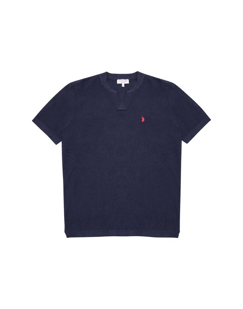 USPOLOASSN Linen Blended V-Line Henley Neck Knit_Navy