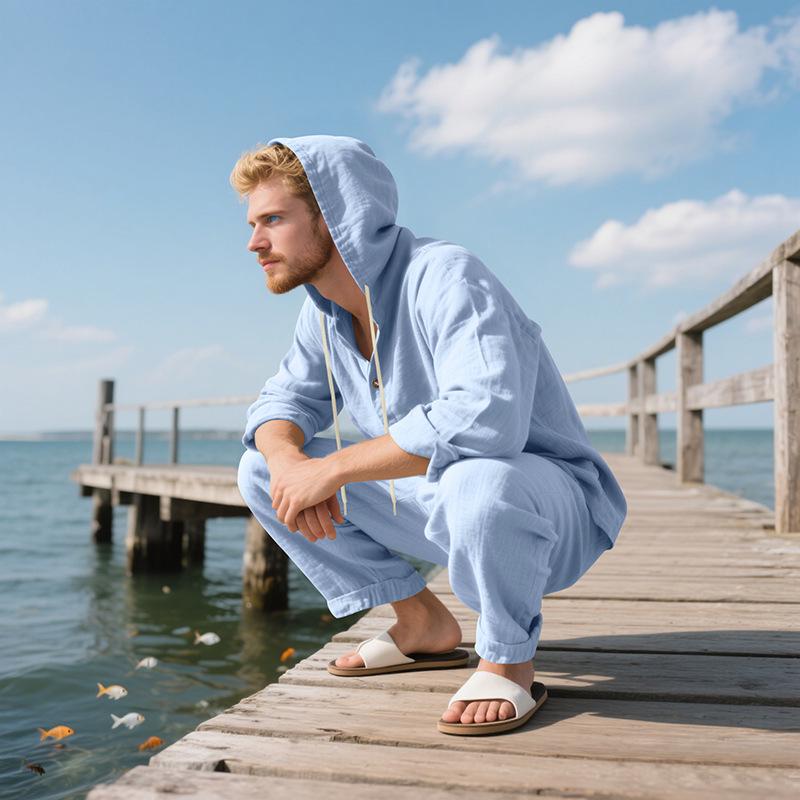 Men's Linen Long Sleeve Hooded Shirt and Pants Casual Beach Set