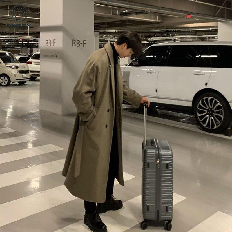 Giacca a vento da uomo di media lunghezza in stile coreano, Primavera/Autunno, Cappotto al ginocchio in lana britannica, Capospalla largo e alla moda