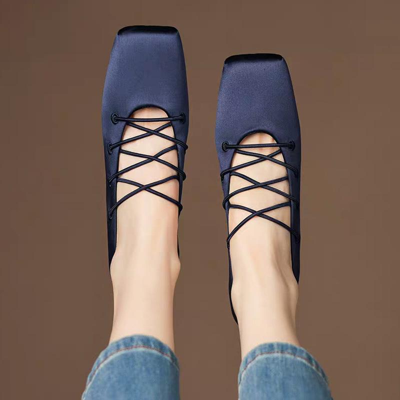 Korean New Blue Satin Leather Square Head Retro Niche Light Mouth Single Shoes Mary Jane Ballet Flats Women