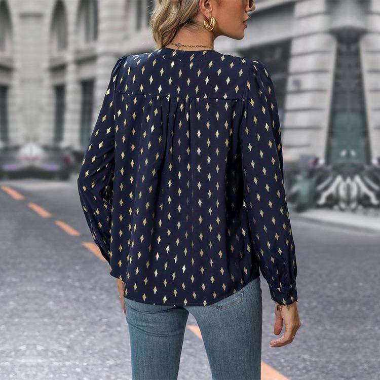 Women Long Sleeve V Neck Casual Pullover Top Printed Shirt for Spring Autumn Fashion