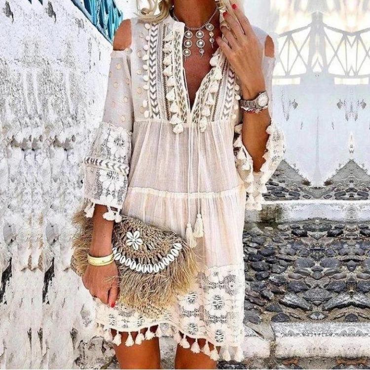 Off Shoulder Bohemian Maxi Dress Embroidered Lace Trim Fringe