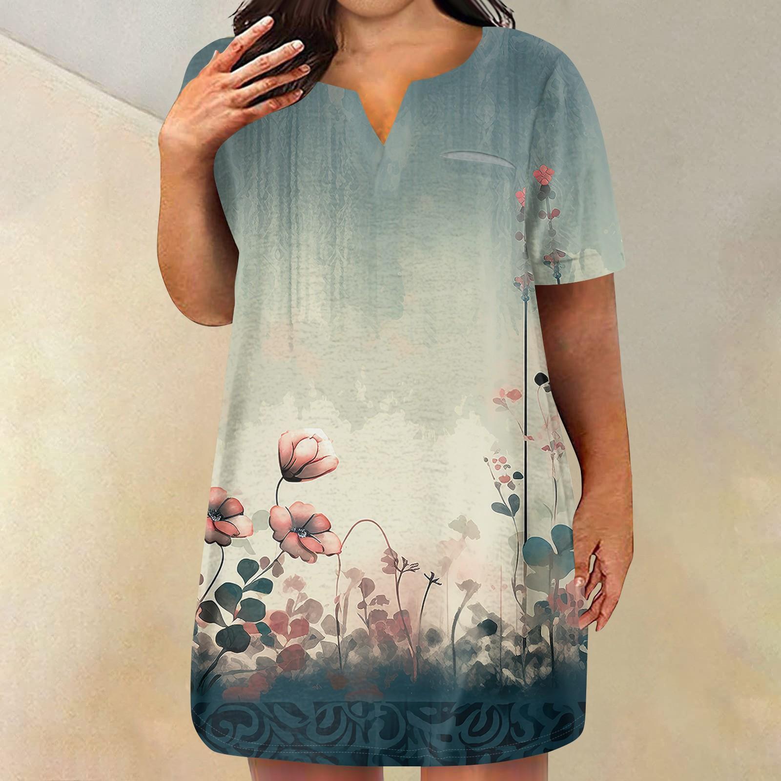 Женская мода плюс размер V-образным вырезом с коротким рукавом повседневное свободное платье с принтом и карманами L бежевый