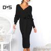 Women Fall Winter Dress V Neck Lace Up Belted Tight Waist Solid Color Knitted Elastic Mid Calf Length Long Sleeve Slim Fit Lady Commute Dress