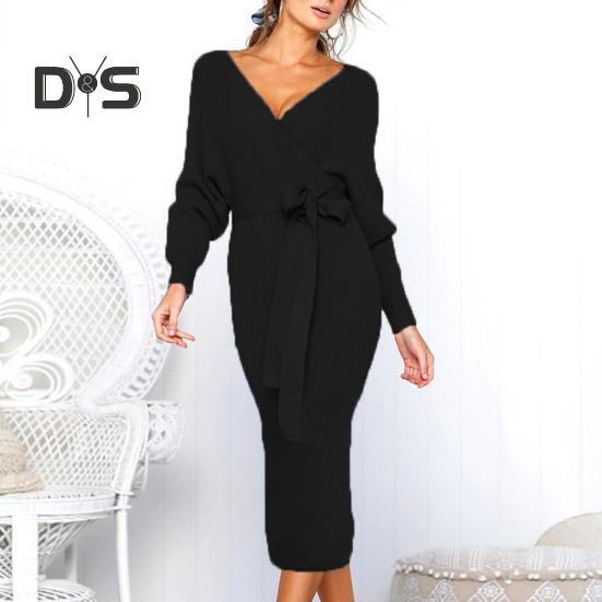 Women Fall Winter Dress V Neck Lace Up Belted Tight Waist Solid Color Knitted Elastic Mid Calf Length Long Sleeve Slim Fit Lady Commute Dress