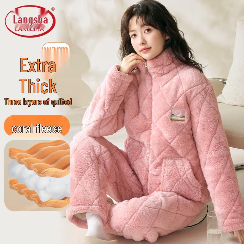 Lonsa Women s Thickened Coral Fleece Pajama Set L