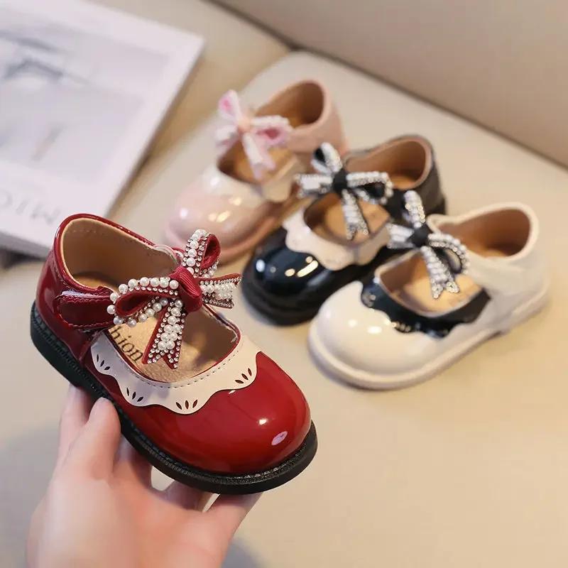 Spring Summer Girl's Shoes Beading Bow-tie Baby Girl Shoes Crystal Princess Dress Shoes Bordered Children Footwear F02262