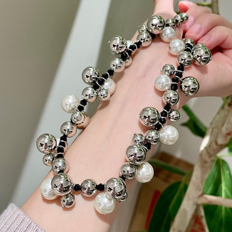 

Осень/Зима 2025 Серебряный жемчужный пэчворк-ожерелье - Бусинная цепочка на ключицу, аксессуар