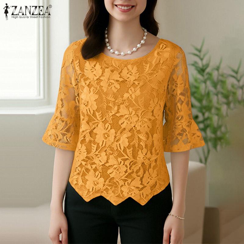 ZANZEA Women Casual Round Neck Half Sleeve Patchwork Lace Blouse