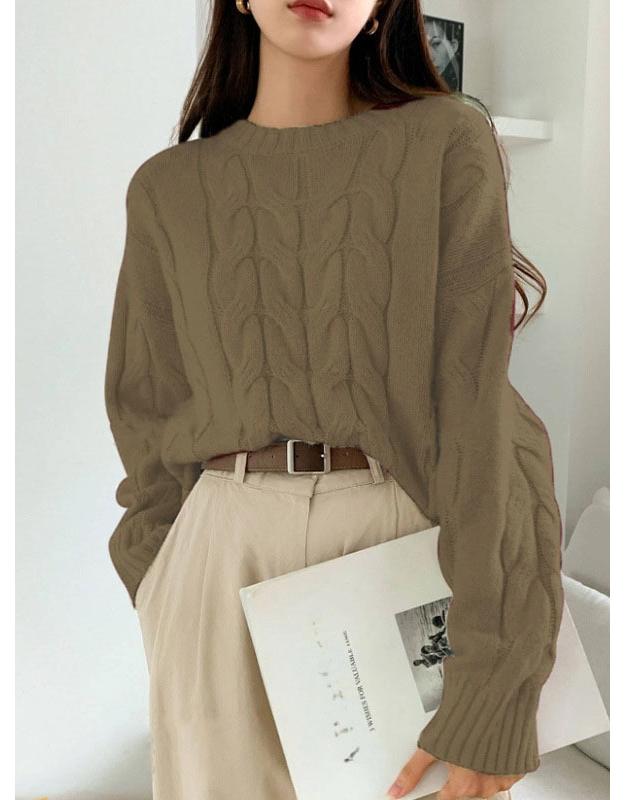 

Twist Pullover Sweater Loose Crewneck Solid Color Knit Top one size верблюд