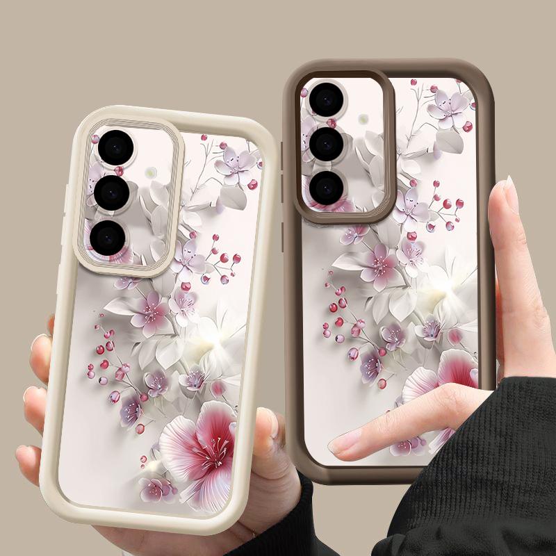 Pink White Flower Pattern Case For Samsung Galaxy A57 A37 A17 A56 A36 A26 A16 5G A55 A35 A15 A54 S21 FE S22 S23 S24 Plus S25 Edge S26 Ultra Cover