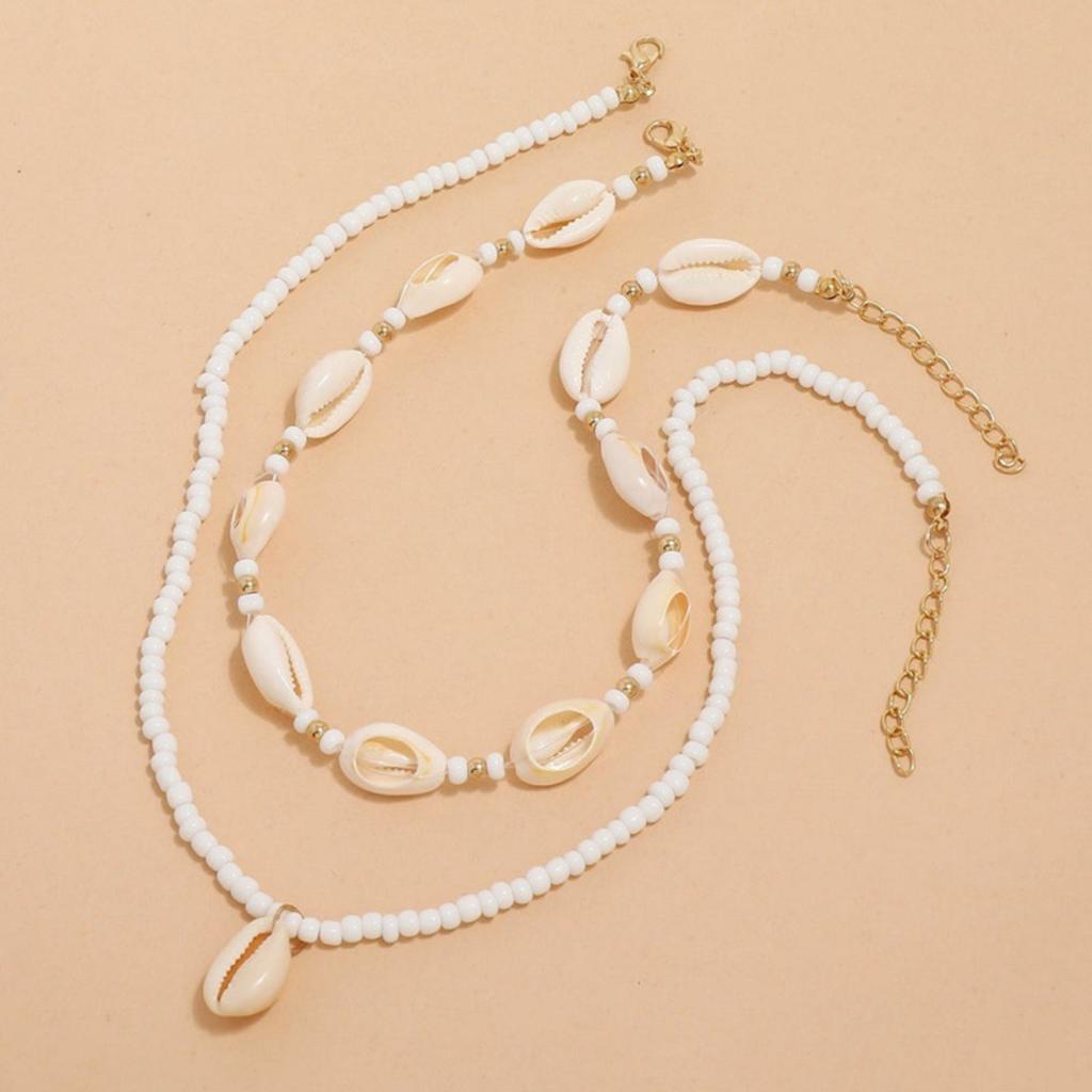 17KM 3pcs/1set  Clavicle Chain Multi-layer Accessories Female Bohemian Rice Bead Shell Pendant Necklace