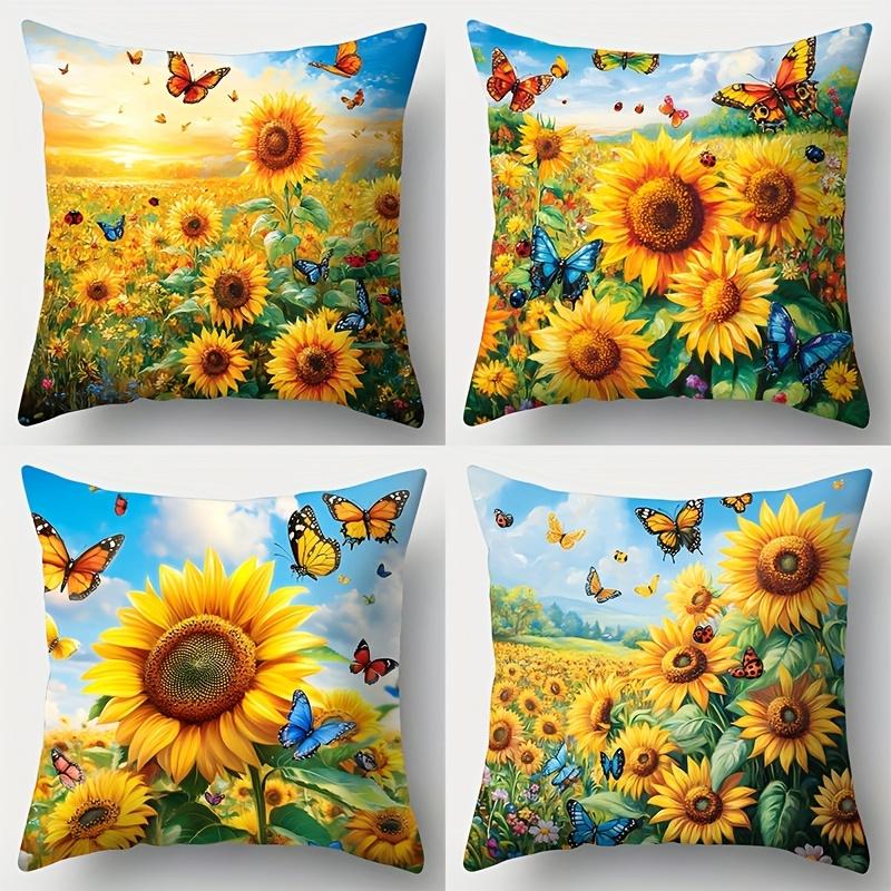 4-delige bankkussenhoes set, goudkleurig zonnebloempatroon, enkelzijdig bedrukt, huisdecoratie, vulling niet inbegrepen 40x40cm
