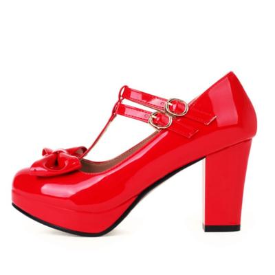 Fashion Women's High Heels Lolita Mary Janes Shoes Big Size Elegant Sweet Bow Tie Black Red Pink Heeled Office Wedding Shoes For Girls
