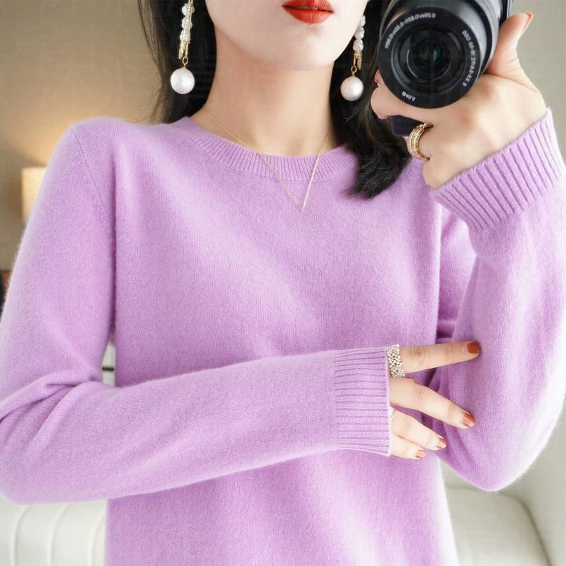 Autumn and Winter Round Neck Sweater Women's Pullover Knitted Sweater Solid Color Long Sleeved Women's Thin Short Base Shirt