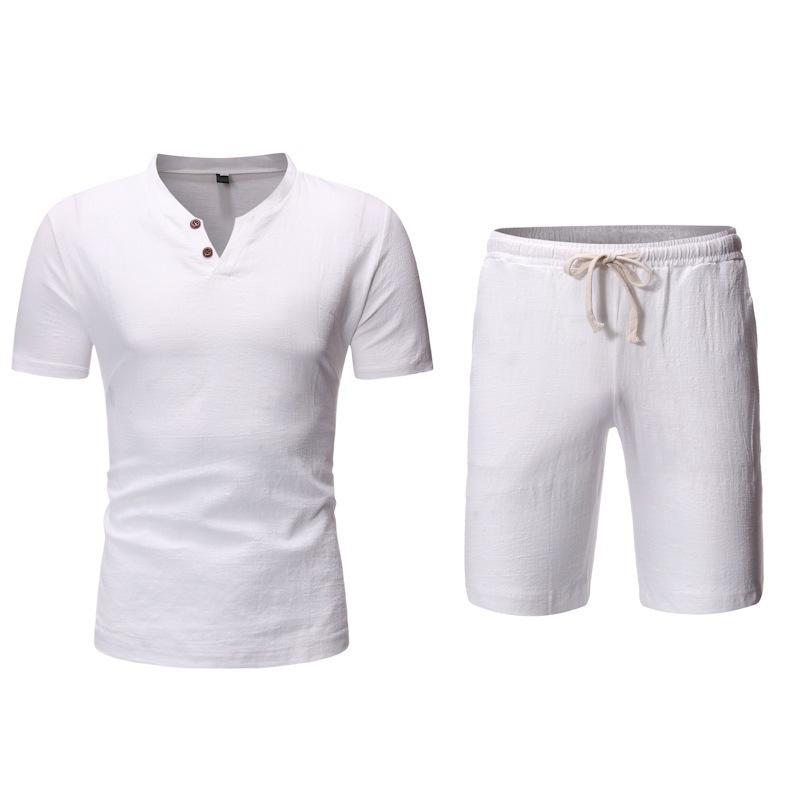 Mens 2 Piece Linen Cotton Short Sleeve Henley Shirt and Shorts Set M белый