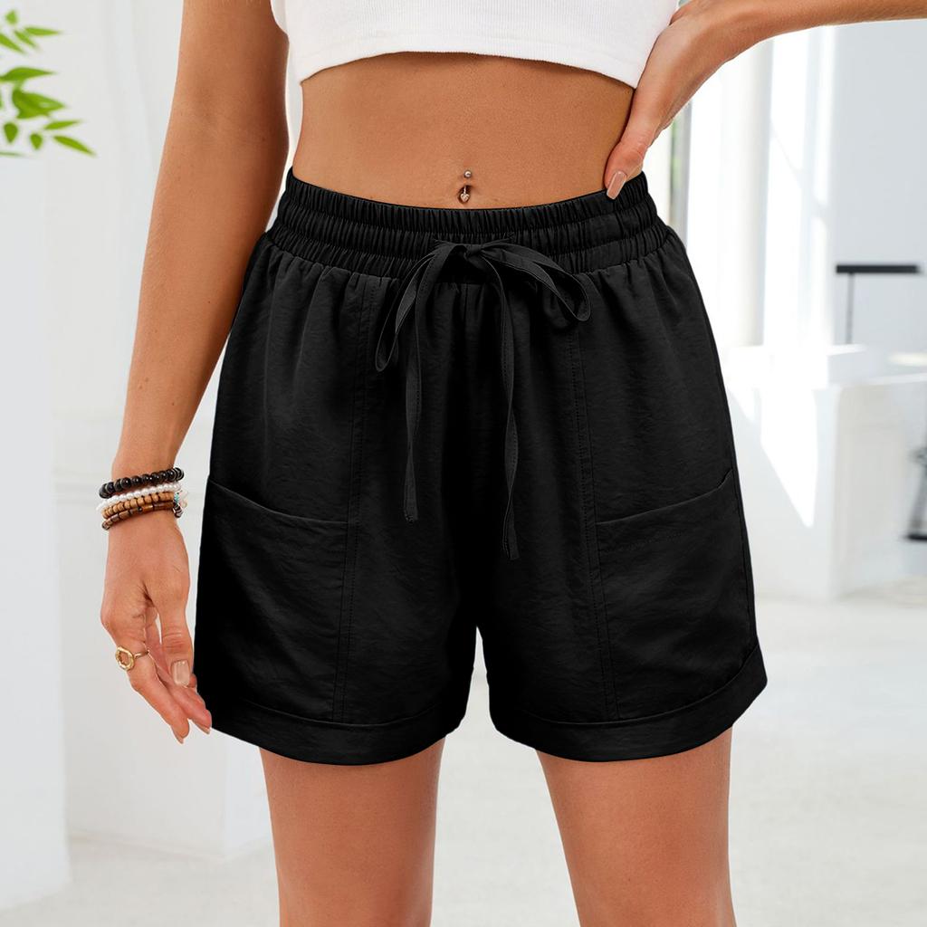 Women's Casual Fashion -Color Elastic Waistband Pocketed Wide-Leg Straight-Cut Shorts