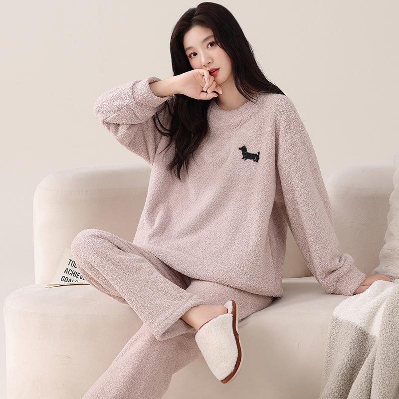 Half Fleece Couple Pajamas Autumn And Winter Coral Fleece Thickened Fleece Warm Suit Men'S And Women'S Casual Pullover Loungewear