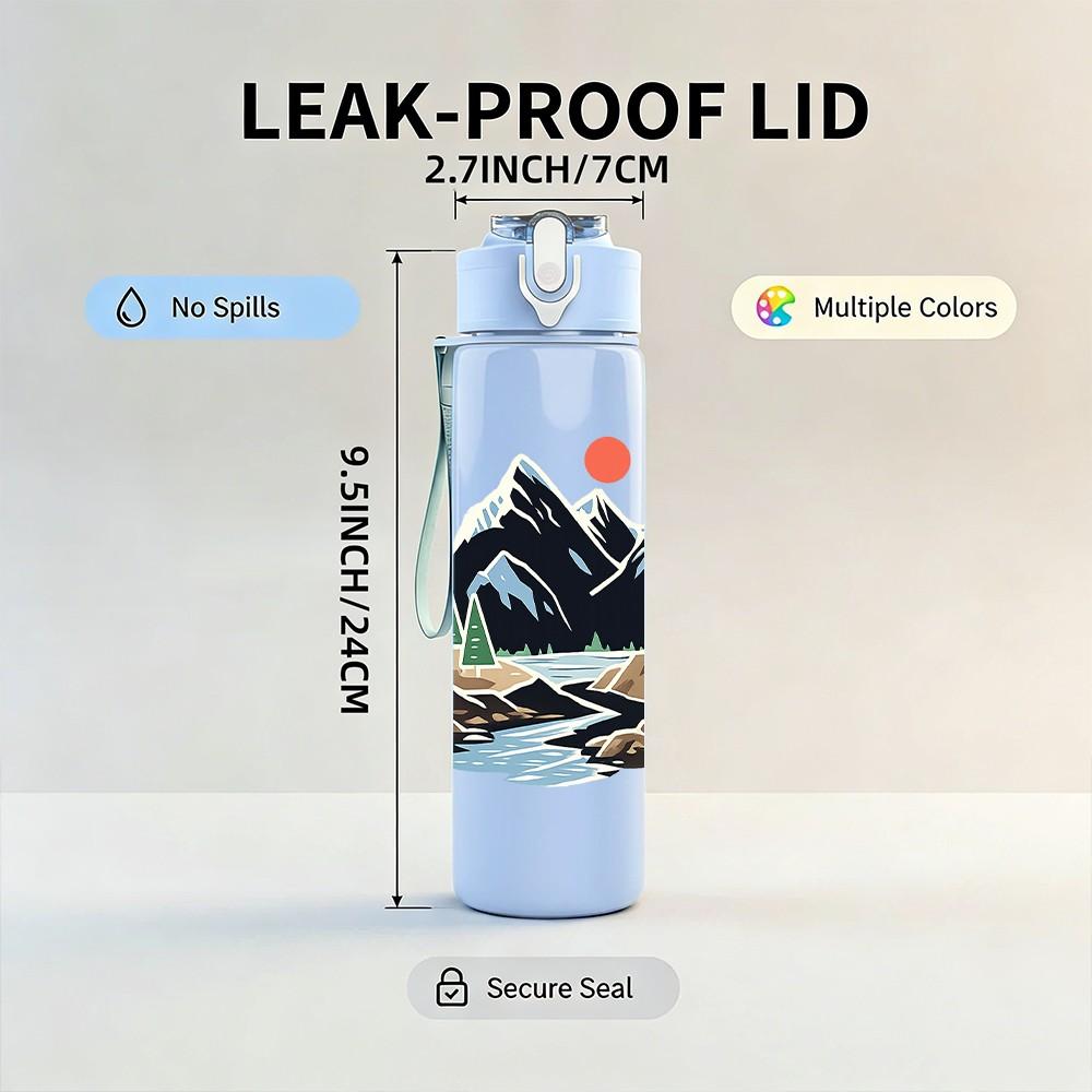 1PC Mountain Lake Scenery Landscape Print 750ml Color Plastic Sports Water Bottle Leakproof Flip Straw Lid Suitable for Sports Office Home Use