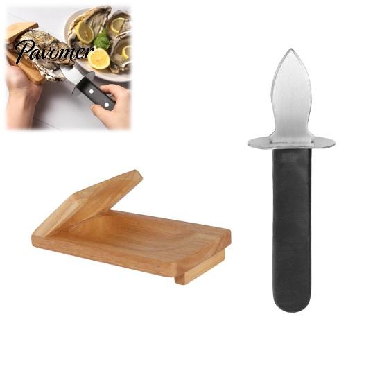 Non Slip Shellfish Shucker Oyster Cutter with Clamp, Stainless Steel Blade And Ergonomic Kitchen Tool for Hard Shells Wood Base Design, Non-slip