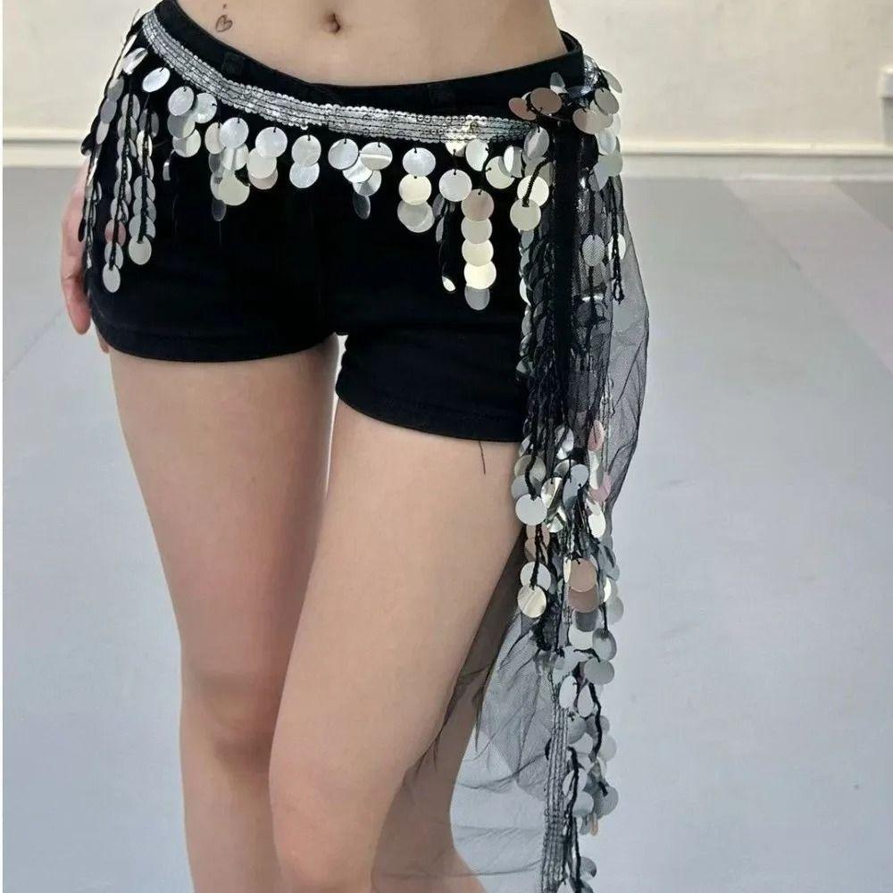 Cymbal Sequins Tassel Waist Wrap Adjustable Tie Dance Hip Skirt Stage Waist Chain Kpop Performance