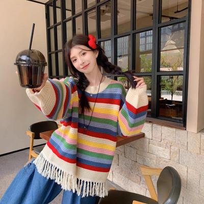Maglione Oversize da Donna a Righe Arcobaleno con Frange - Manica Lunga, Girocollo, Stile Autunno/Inverno