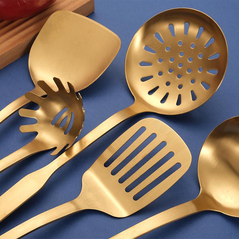 Kitchen Stainless Steel Golden Cooking Utensils Hanging  Korean Style with Pattern Kitchenware Dinner Soup Spoon Frying Spatula