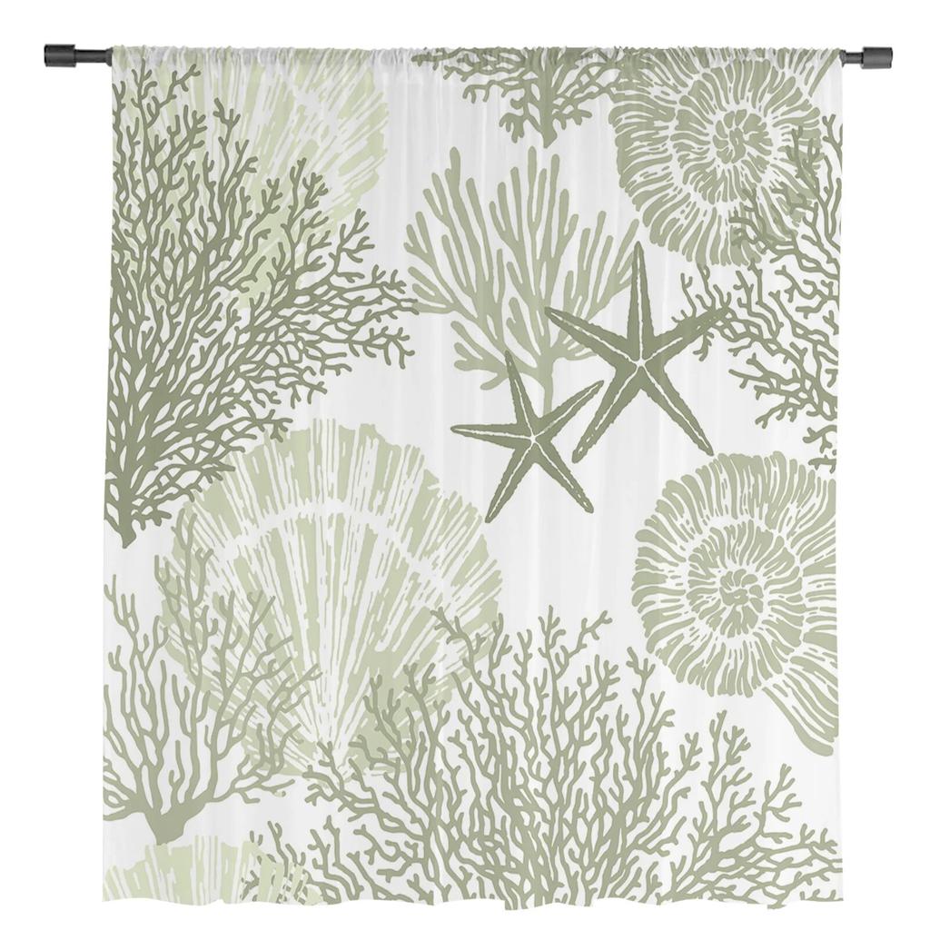 Sage Green Ocean Coral Starfish Abstract Tulle Curtain for Living Room Bedroom Christmas Decoration Window Voiles Tulle Curtain