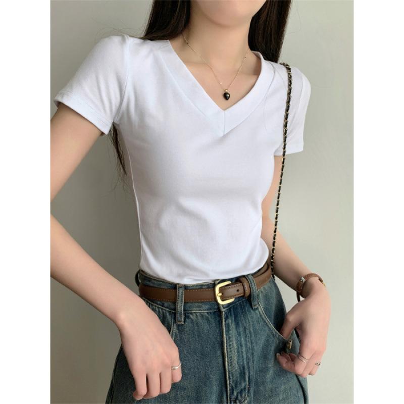 Front Shoulder Short-sleeved T-shirt Women's New Summer Basic Slim-fitting and Thin American Flower Gray V-neck Top
