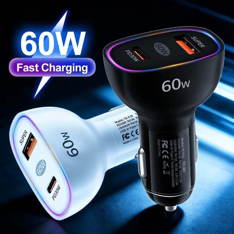 Car Charger 60W Usb C Fast Charger Pd30W Qc3.0 Dual Port Adapter Quick Charge 3A For Mobile Phones Tablets