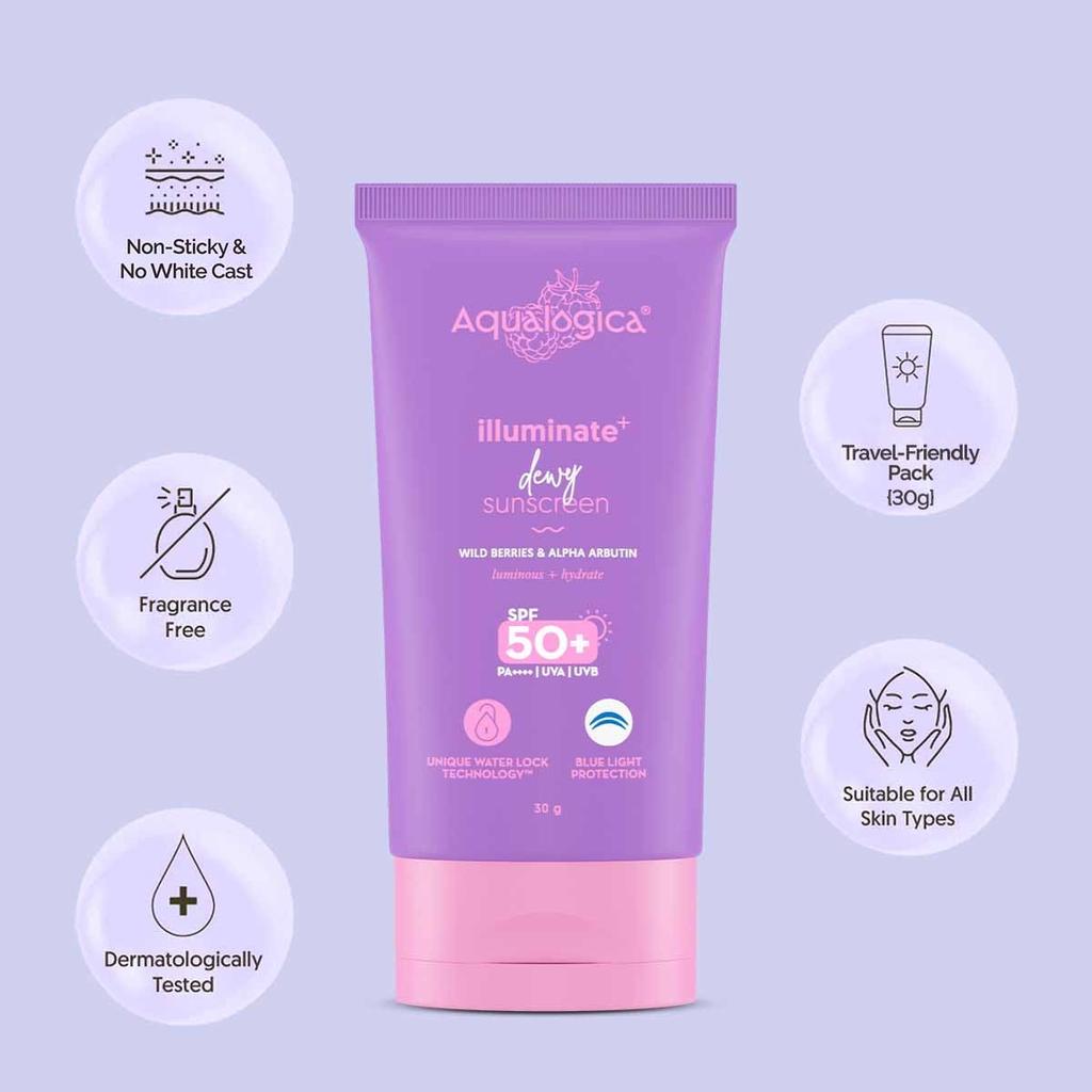 Aqualogica Illuminate+ Dewy Sunscreen Gel SPF 50+ PA++++ 30 g | Broad Spectrum Sun Protection | Lightweight & Luminous Skin