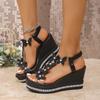 Neue Sommer Übergröße Damen Europäischer Amerikanischer Stil Keilabsatz Sandalen mit Schleife Slipper Plateau und Wasserkristall Sohle Peeptoe