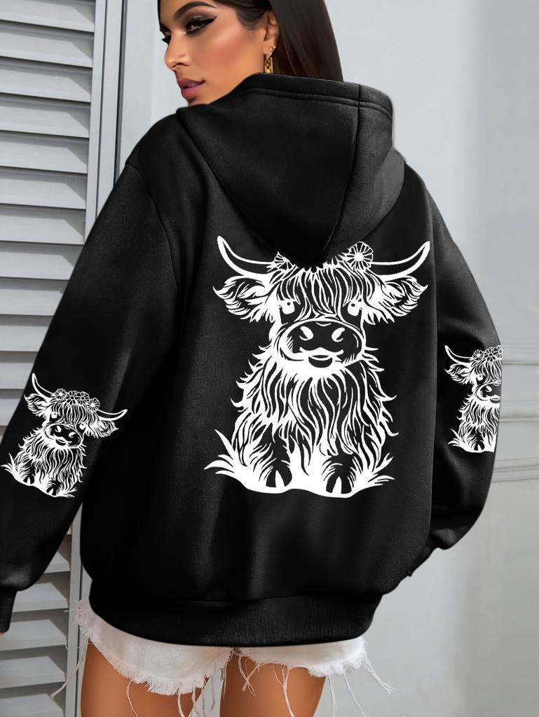 Süßer Haar-Kuh-Cartoon-Druck Kapuzenpullover Damen Fleece Herbst Streetwear Bequemer Lässiger Hoodie Y2K Tasche All-Match Kapuzenpullover