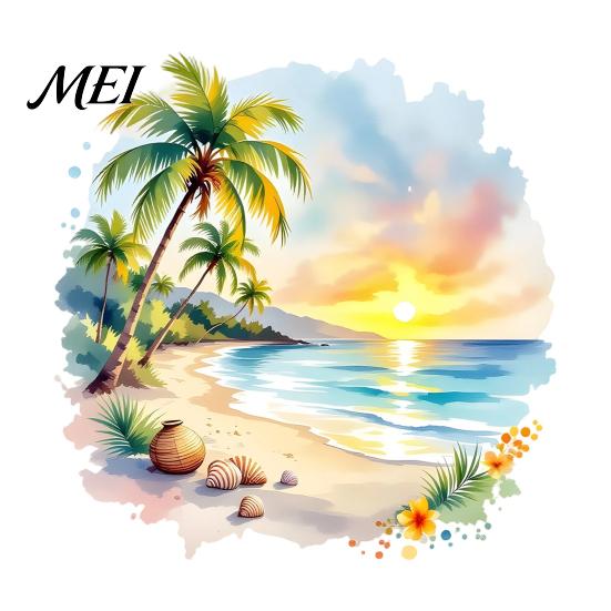 Tropical Landscape Wall Decor Sunset Palm Tree Seaside Decal, Watercolor Summer Beach Sticker, Decorative Window Film for Bathroom Coconut Art