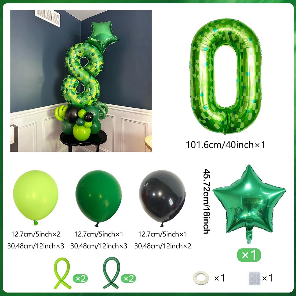40 inch green pixel digital balloon set (0-9) pentagram aluminum foil balloons for decorating boys and girls' birthday parties