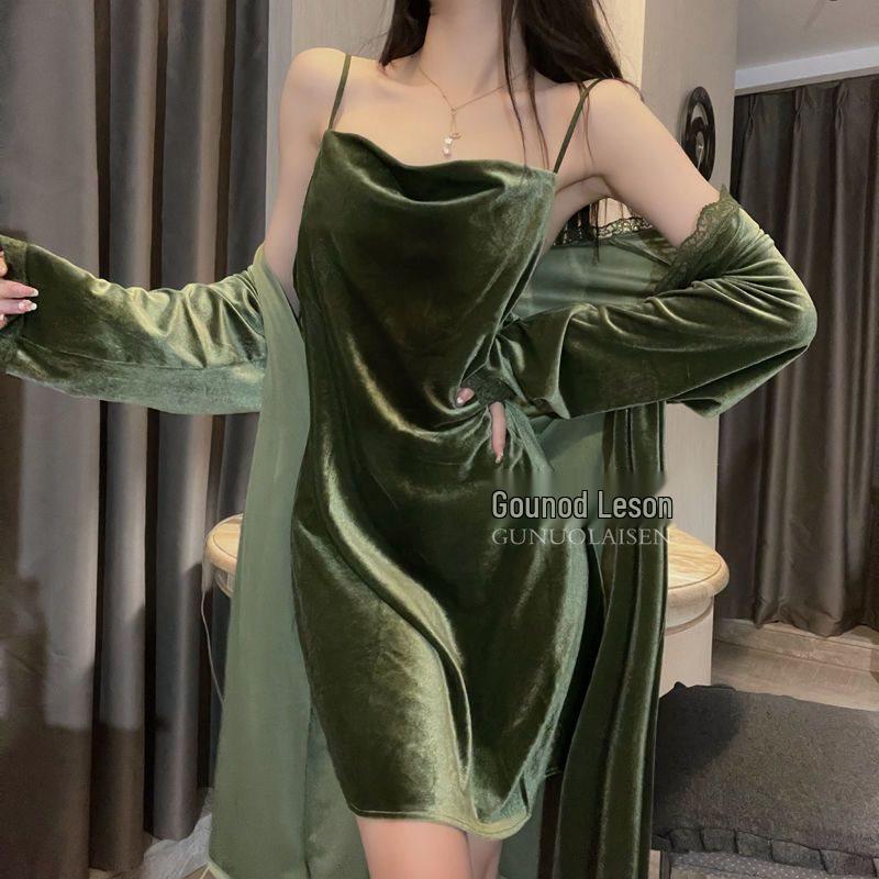 Goldener Samtspitzen-Pyjama-Set für Damen - Herbst/Winter-Kollektion 2025