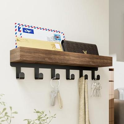 1pc Rustic Wooden Wall-Mounted Shelf with 6 Hooks: Floating Storage Organizer for Keys, Mail, and More (Living Room, Bedroom, Bathroom)