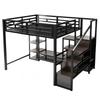 Letto a soppalco 140x200 con supporto TV, presa elettrica e scaletta di sicurezza, Combinazione Metallo-Legno, Salvaspazio, Letto a castello per bambini con spazio contenitore, Nero