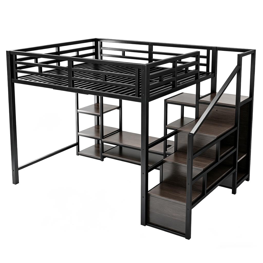 Letto a soppalco 140x200 con supporto TV, presa elettrica e scaletta di sicurezza, Combinazione Metallo-Legno, Salvaspazio, Letto a castello per bambini con spazio contenitore, Nero