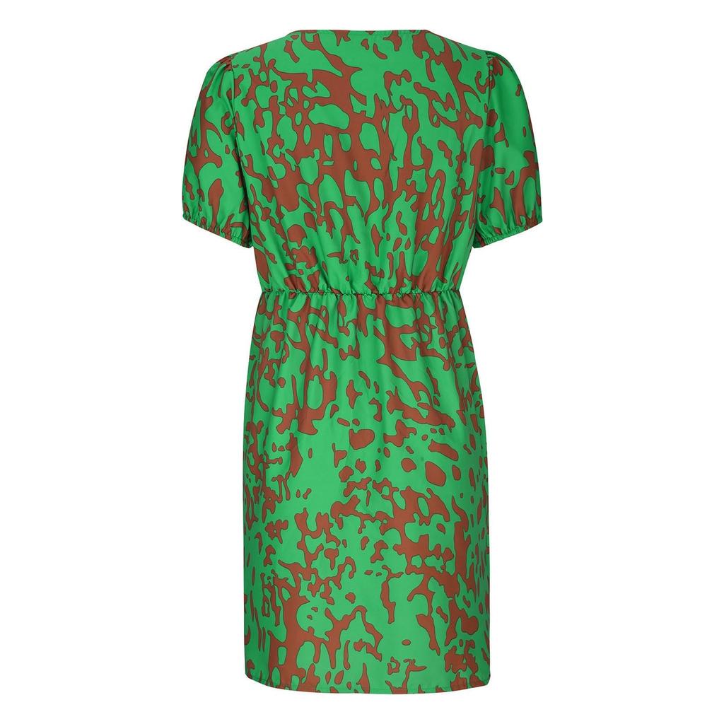 Women's Short Summer Dresses Casual Painted Prints Puffy Sleeve Wrap V Neck Dress High Waist Trendy Print Wrap Hem Beach Dress