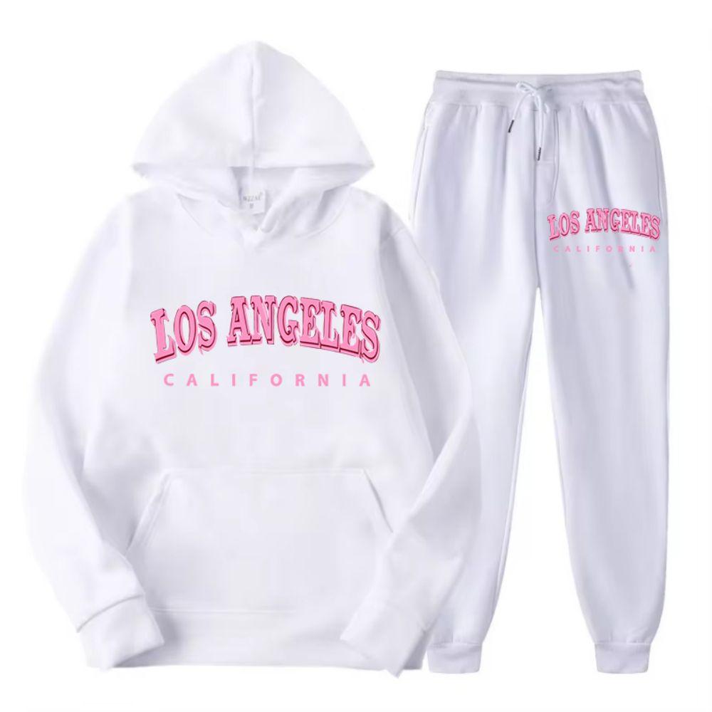 Two Piece Set Street Womens Hoodie & Pants Fleece Pocket Loose Pullover Los Angeles California Print Clothes