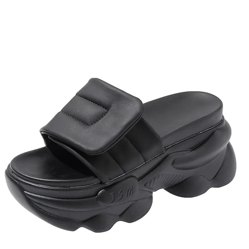 Fashion 2024 Thick Bottom Female Flip Flops 8CM Heels Chunky Platform Slippers for Women Open Toe Leather Wedges Sandals Woman Summer