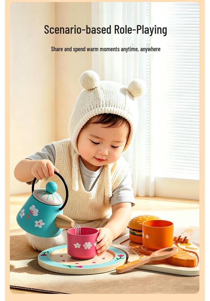 Wooden Tea Set Playhouse: Afternoon Tea Kitchen Toys for Kids Birthday Gift