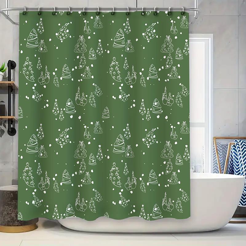 

Christmas Tree Shower Curtain Green White Patterned Bathroom Decor Waterproof Fabric Shower Door Curtains Set With Hooks 180X245 W60H190(CM)-1 Pcs