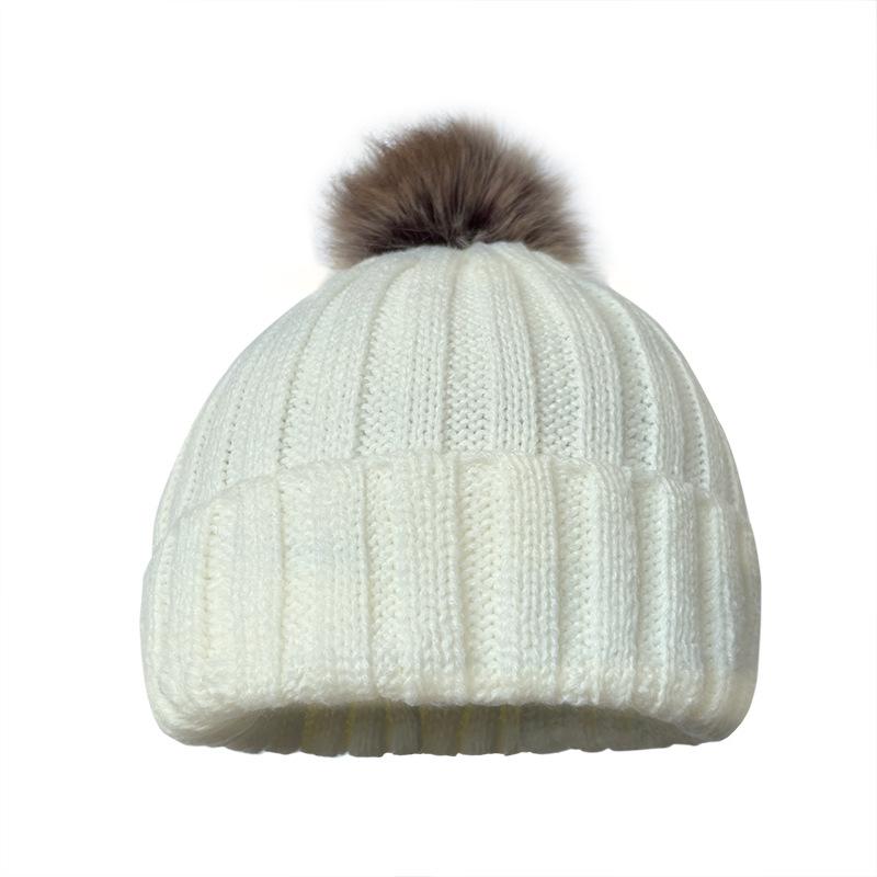 Autumn Winter New Fashion Beanie Acrylic Pullover Solid Color Knitted Hairball Velvet Padded Flanging Plus Custom Winter Hats