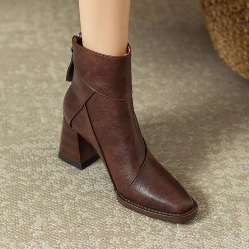 Women S Vintage Chunky Heel Square Toe Martin Boots Slim Fit Boots