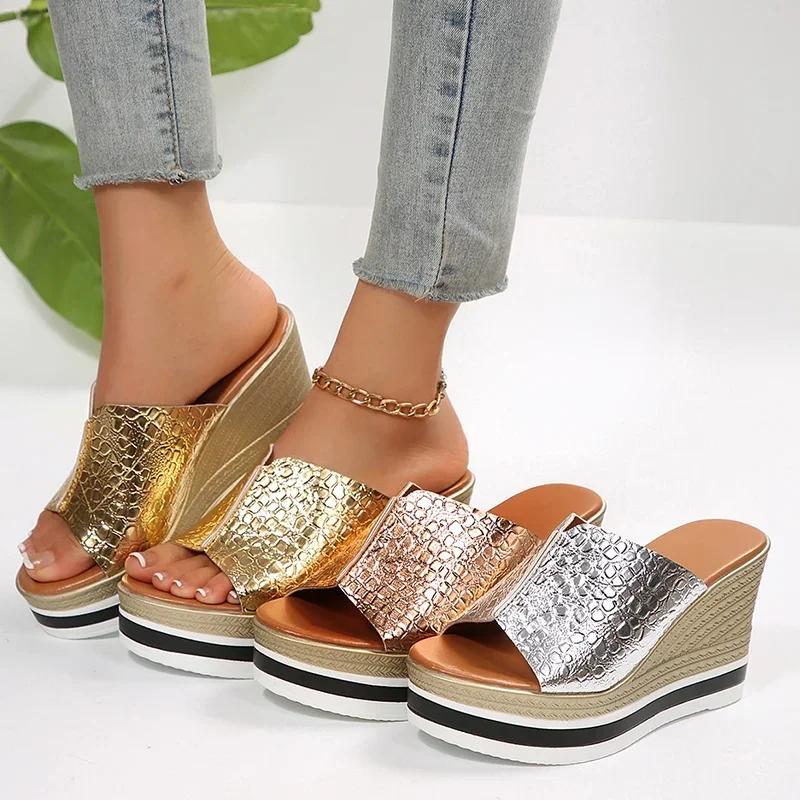 Fashion Women Shoes Silver Chunky Platform Sandals 2025 Summer Wedges Slippers Plus Size 36-43 Woman Outdoor High Heels Sandles Female